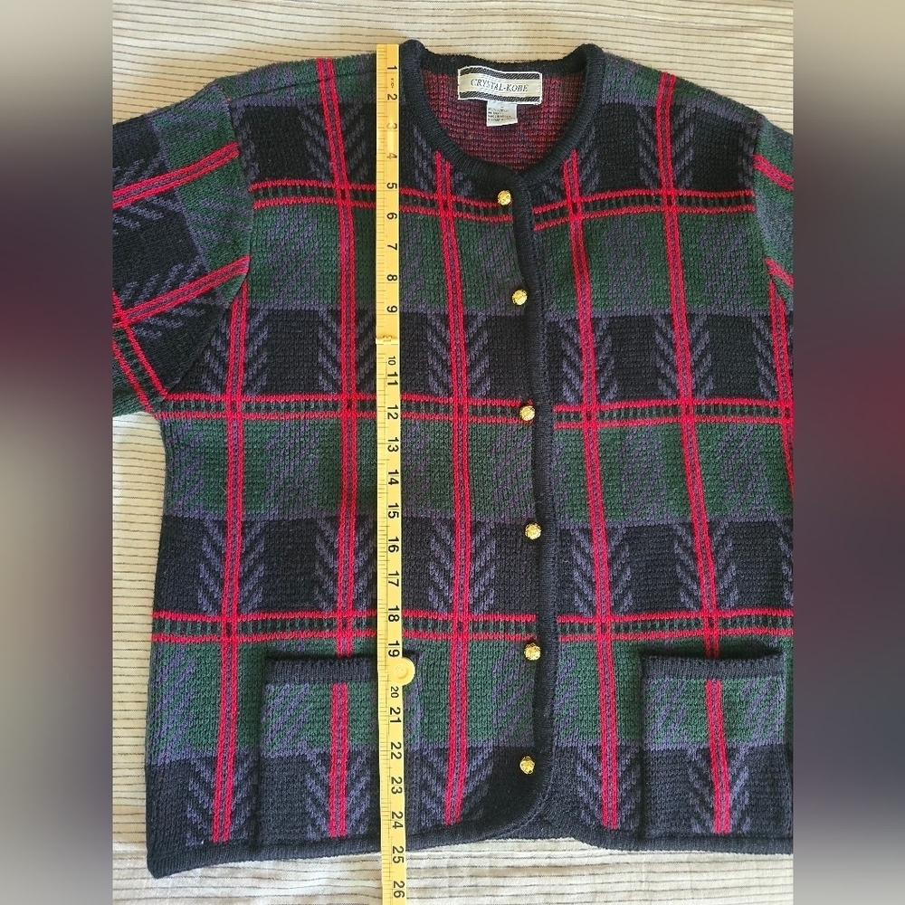 Vtg Crystal-Kobe Christmas Cardigan Sz L Scottish Green/Red Plaid Gold Buttons - Picture 5 of 6